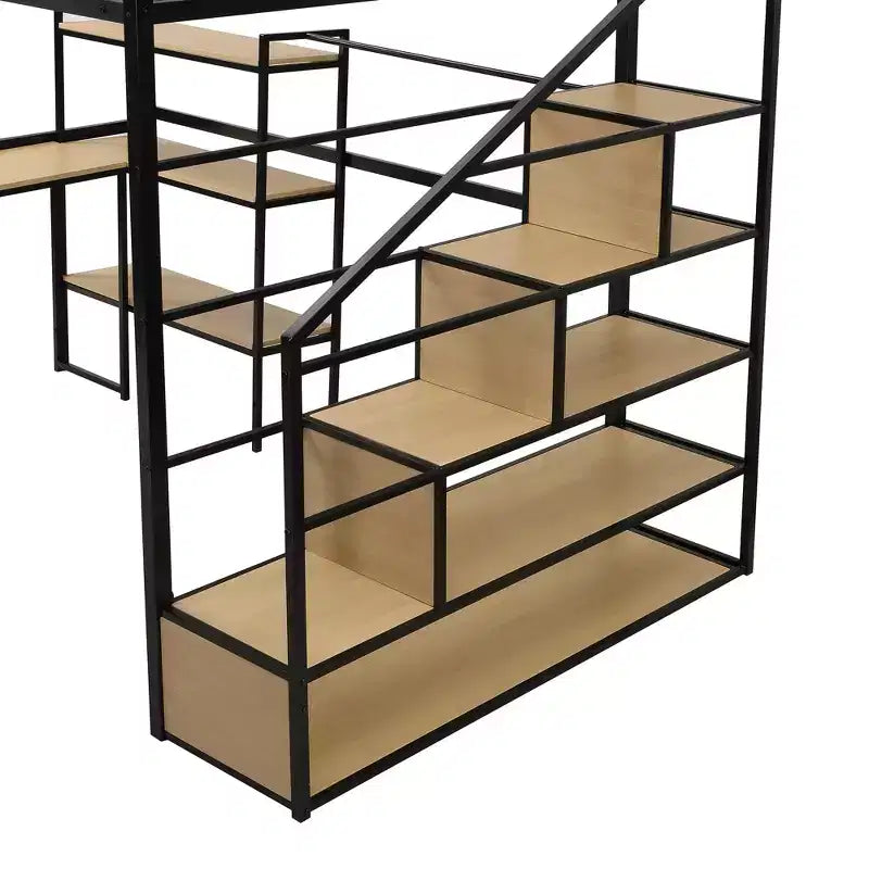 Lit mezzanine en métal format complet avec escalier de rangement, bureau et étagères intégrés, style moderne - noir
