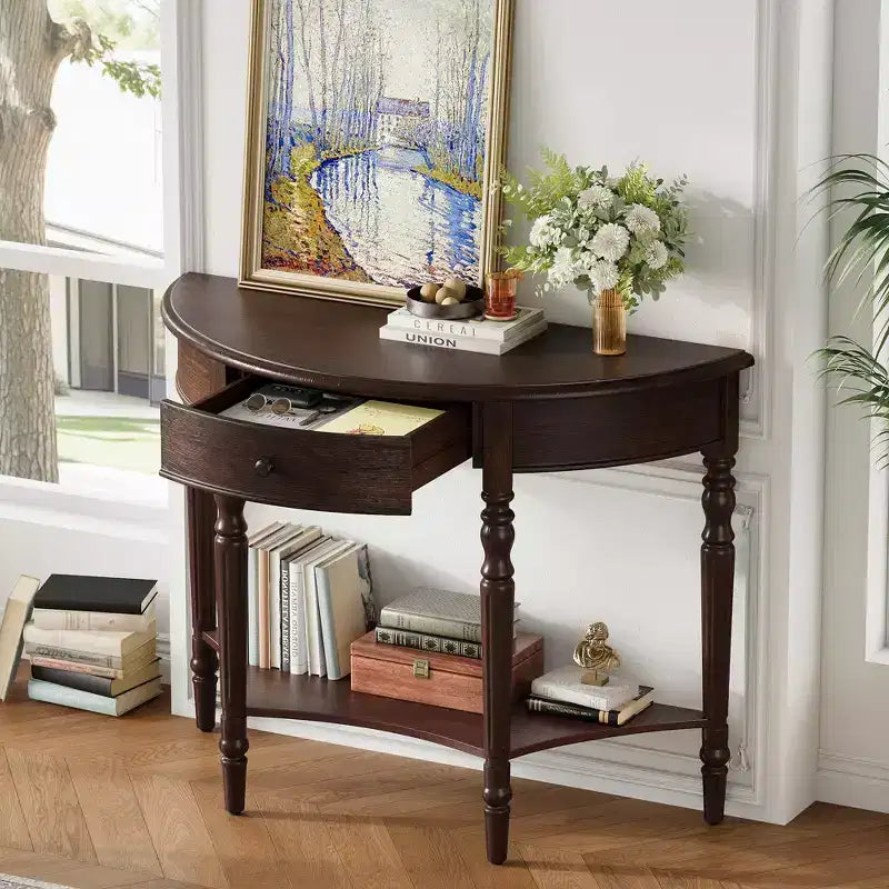 Console demi-lune champêtre de 39 avec tiroir et étagère