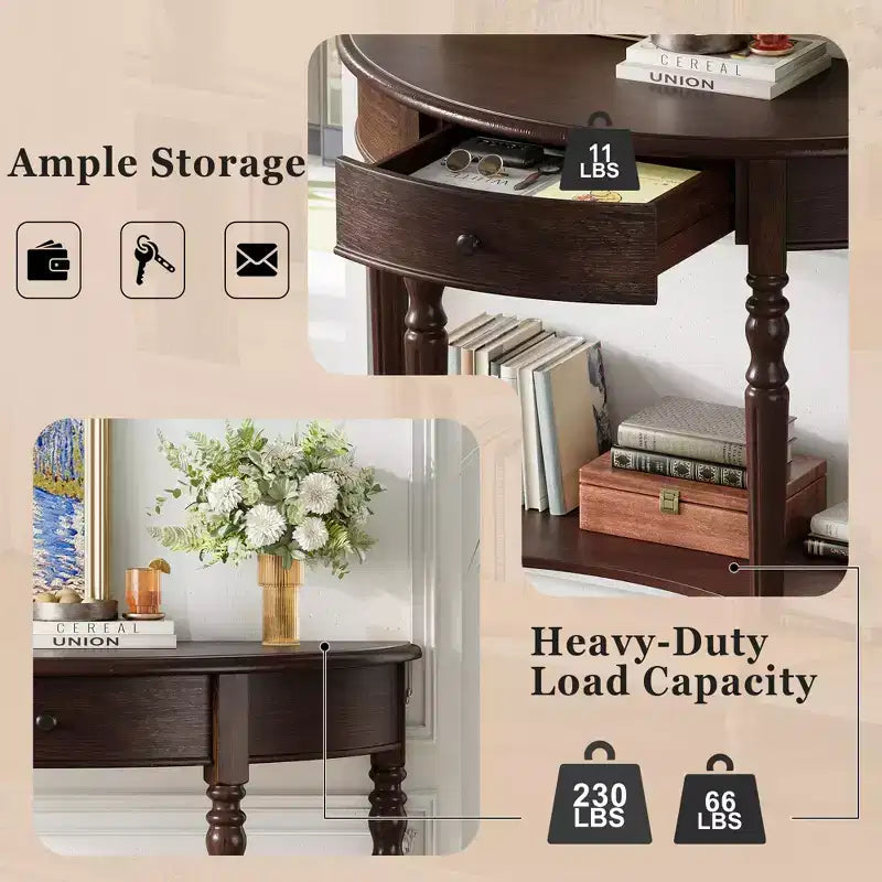 Console demi-lune champêtre de 39 avec tiroir et étagère
