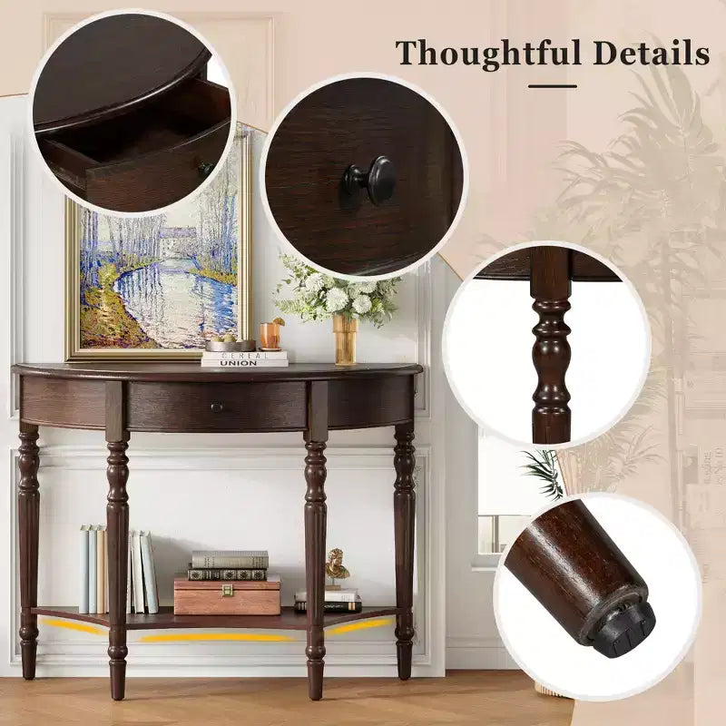 Console demi-lune champêtre de 39 avec tiroir et étagère