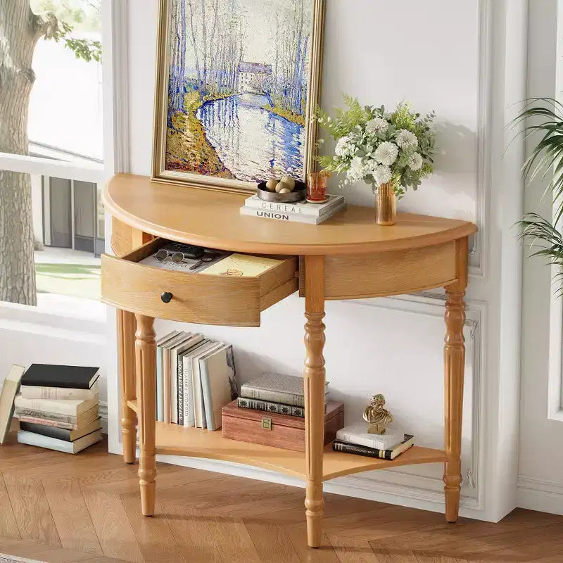 Console demi-lune champêtre de 39 avec tiroir et étagère