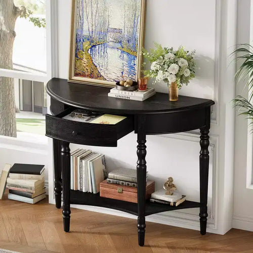 Console demi-lune champêtre de 39 avec tiroir et étagère