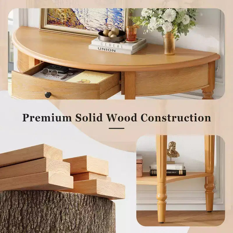 Console demi-lune champêtre de 39 avec tiroir et étagère