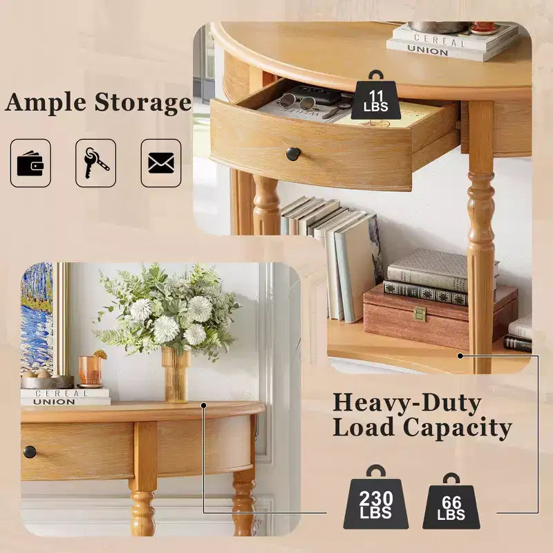 Console demi-lune champêtre de 39 avec tiroir et étagère