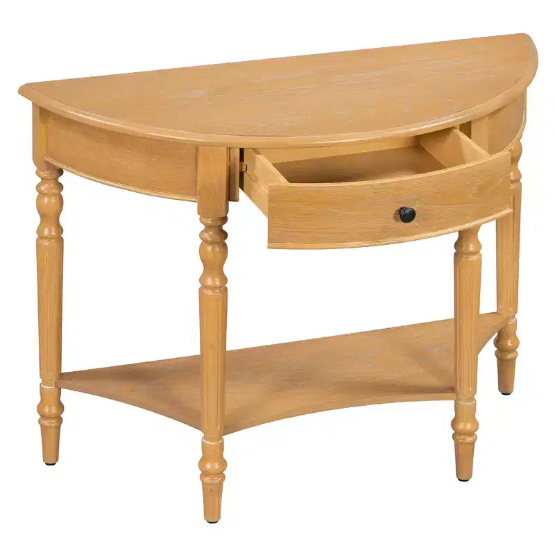 Console demi-lune champêtre de 39 avec tiroir et étagère