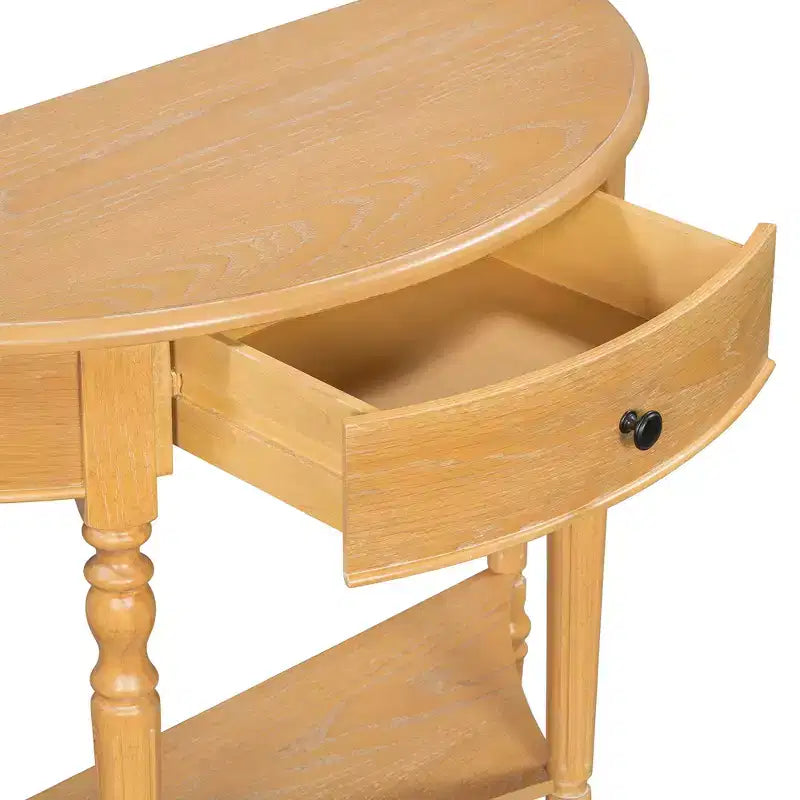 Console demi-lune champêtre de 39 avec tiroir et étagère