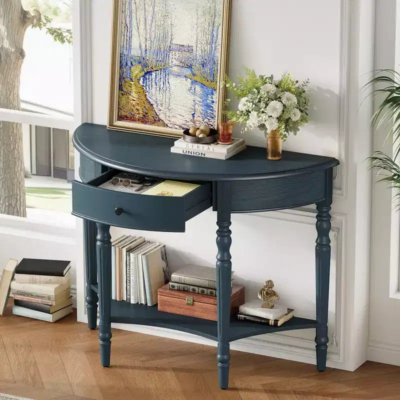 Console demi-lune champêtre de 39 avec tiroir et étagère