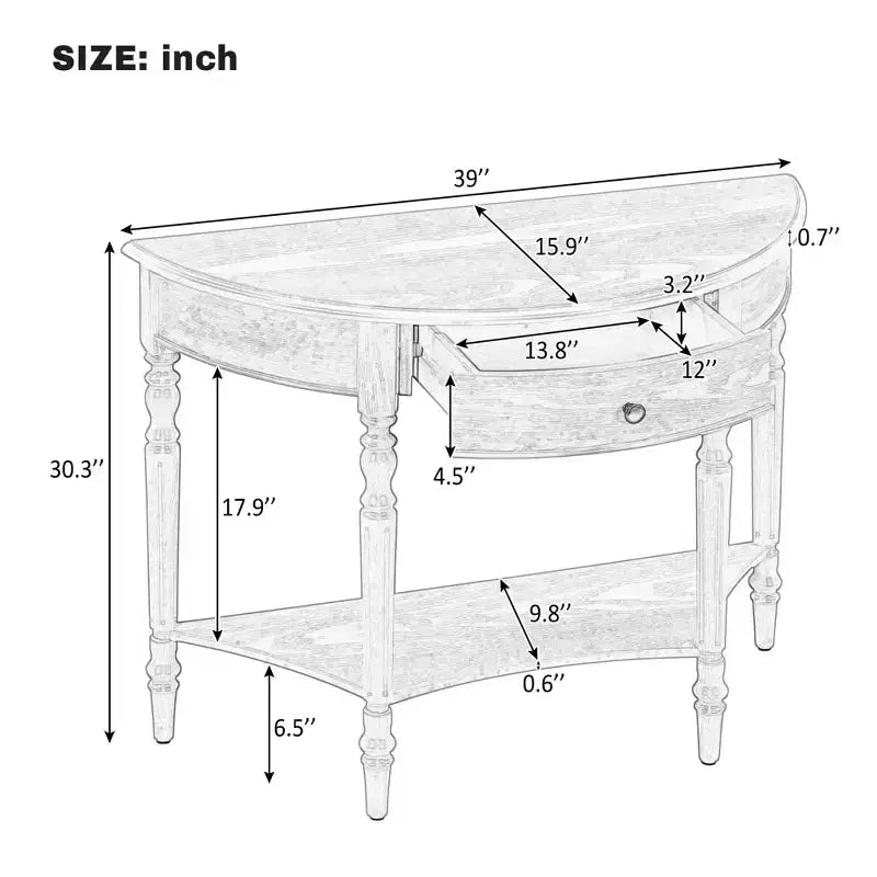 Console demi-lune champêtre de 39 avec tiroir et étagère
