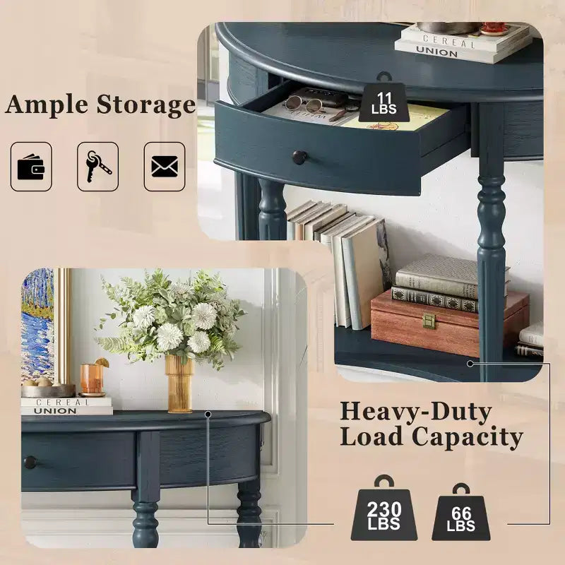 Console demi-lune champêtre de 39 avec tiroir et étagère