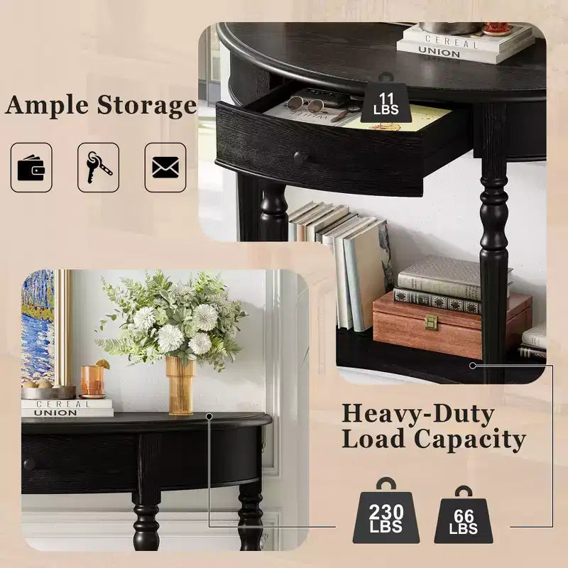 Console demi-lune champêtre de 39 avec tiroir et étagère