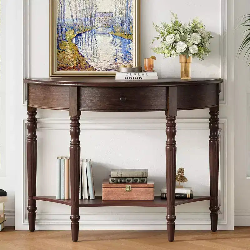 Console demi-lune champêtre de 39 avec tiroir et étagère