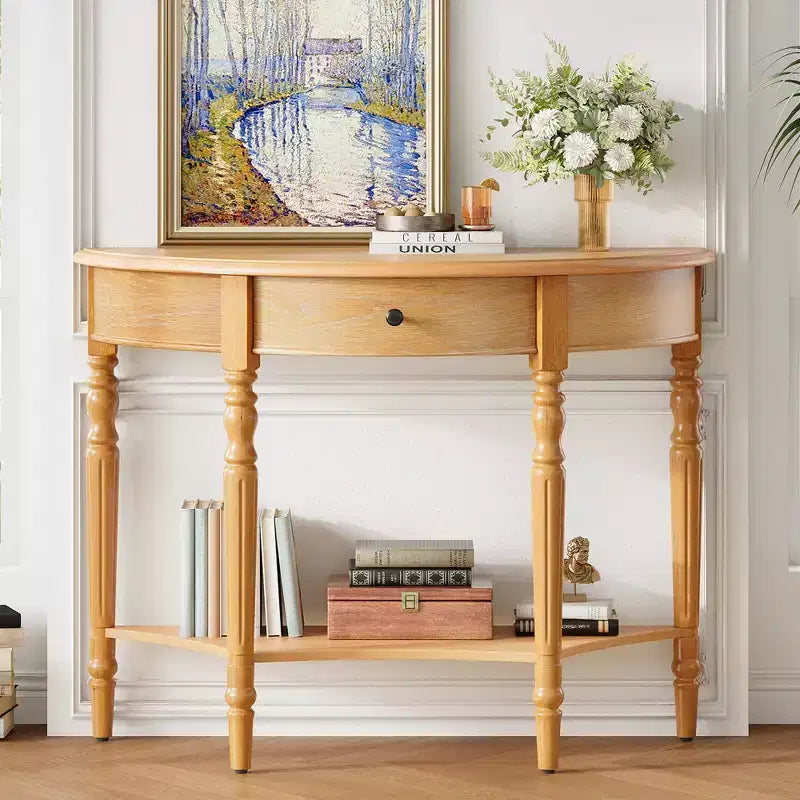 Console demi-lune champêtre de 39 avec tiroir et étagère