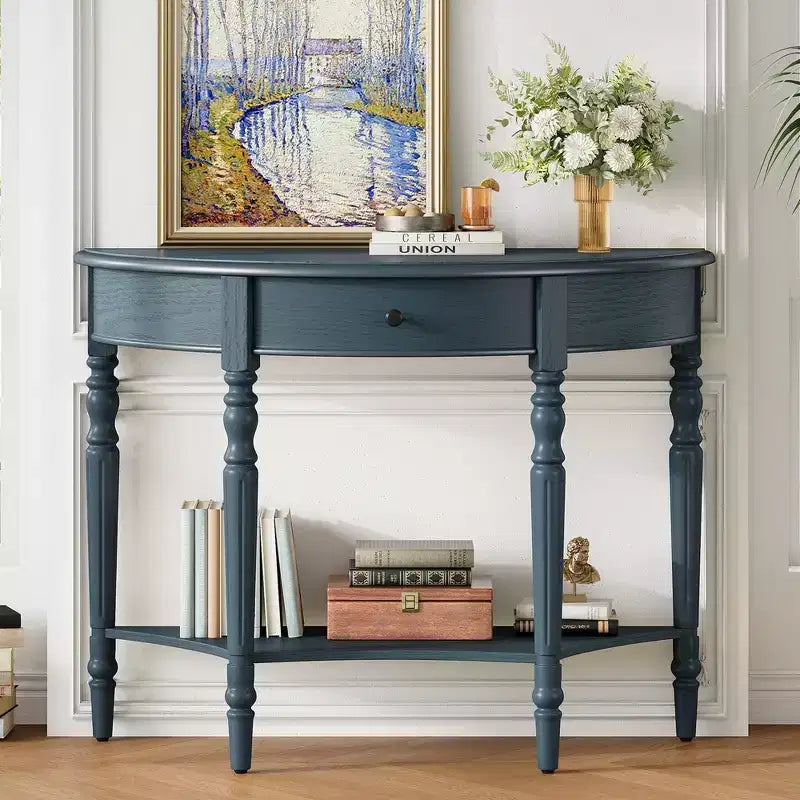 Console demi-lune champêtre de 39 avec tiroir et étagère