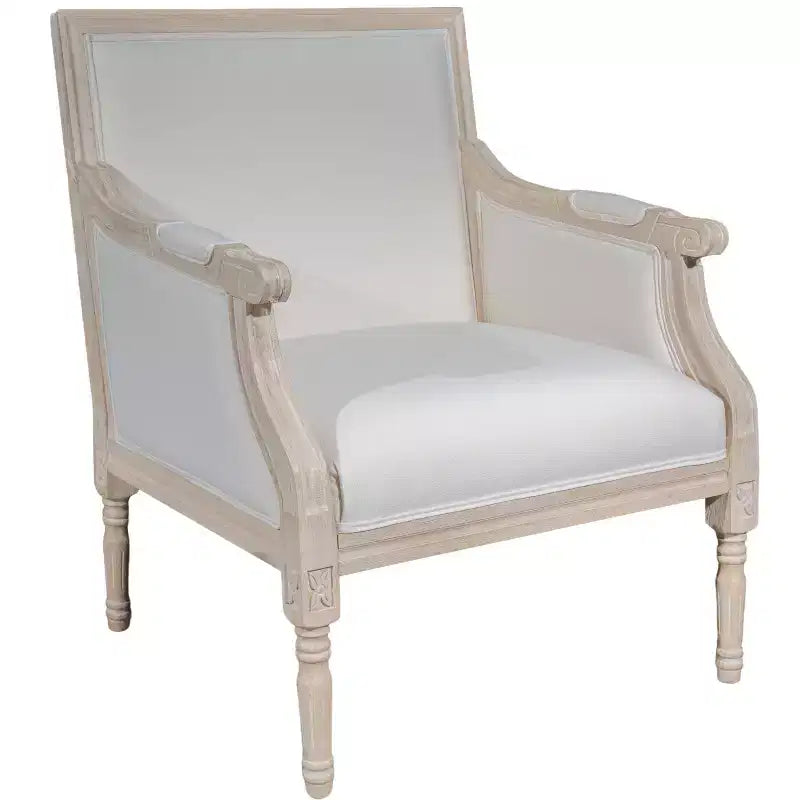 Fauteuil d’appoint français, cadre traditionnel en bois, revêtement en lin, finition vieillie, modèle individuel