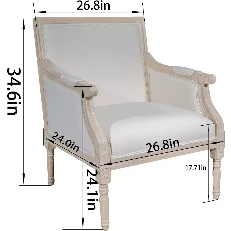 Fauteuil d’appoint français, cadre traditionnel en bois, revêtement en lin, finition vieillie, modèle individuel