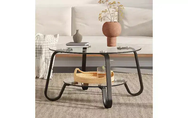 Table basse vintage avec plateau en verre et cadre en métal, table centrale polyvalente pour le salon, table à thé minimaliste à deux niveaux
