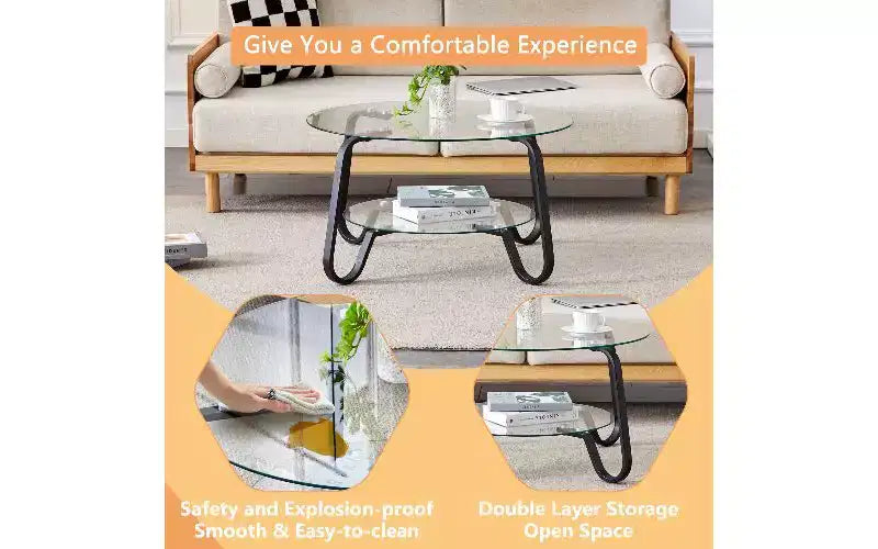 Table basse vintage avec plateau en verre et cadre en métal, table centrale polyvalente pour le salon, table à thé minimaliste à deux niveaux