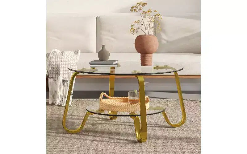 Table basse vintage avec plateau en verre et cadre en métal, table centrale polyvalente pour le salon, table à thé minimaliste à deux niveaux