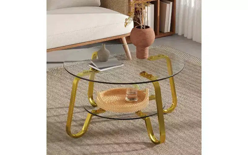 Table basse vintage avec plateau en verre et cadre en métal, table centrale polyvalente pour le salon, table à thé minimaliste à deux niveaux