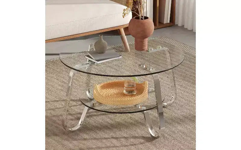 Table basse vintage avec plateau en verre et cadre en métal, table centrale polyvalente pour le salon, table à thé minimaliste à deux niveaux