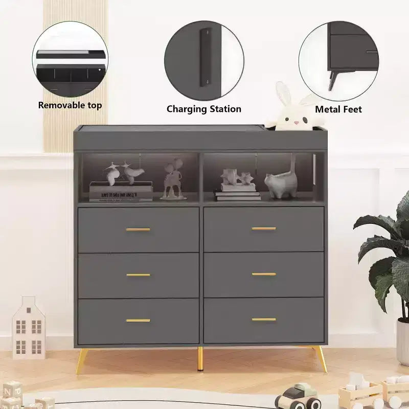 Commode à langer avec tiroirs, pieds en métal, organisateur pour chambre de bébé