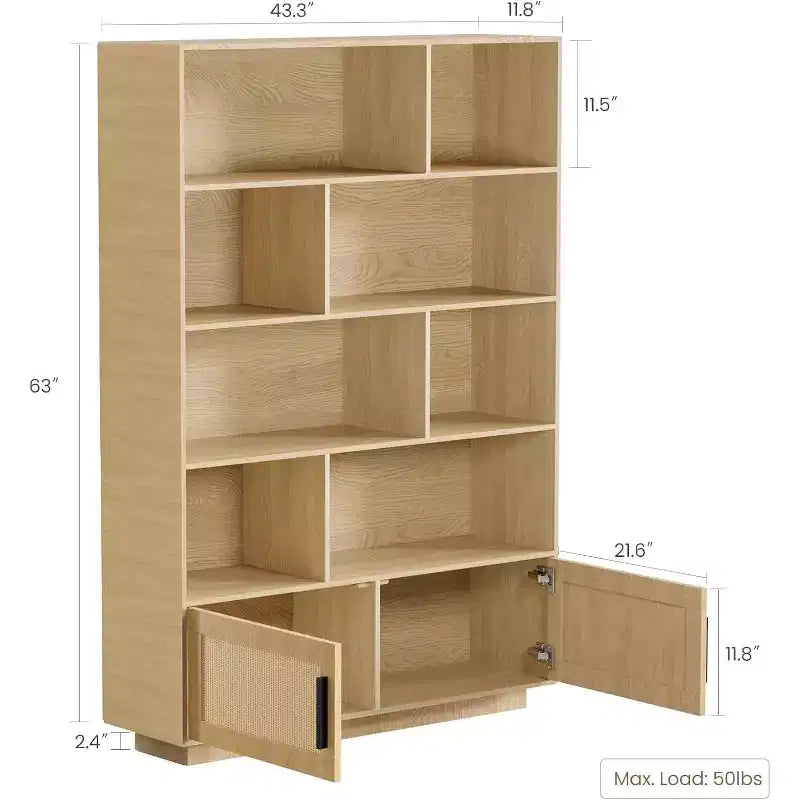 Bibliothèque à 5 niveaux avec portes en rotin, étagères réglables, meuble de rangement bohème en bois pour le salon ou la chambre