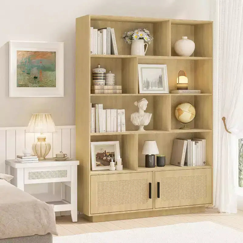 Bibliothèque à 5 niveaux avec portes en rotin, étagères réglables, meuble de rangement bohème en bois pour le salon ou la chambre
