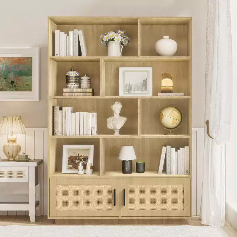 Bibliothèque à 5 niveaux avec portes en rotin, étagères réglables, meuble de rangement bohème en bois pour le salon ou la chambre
