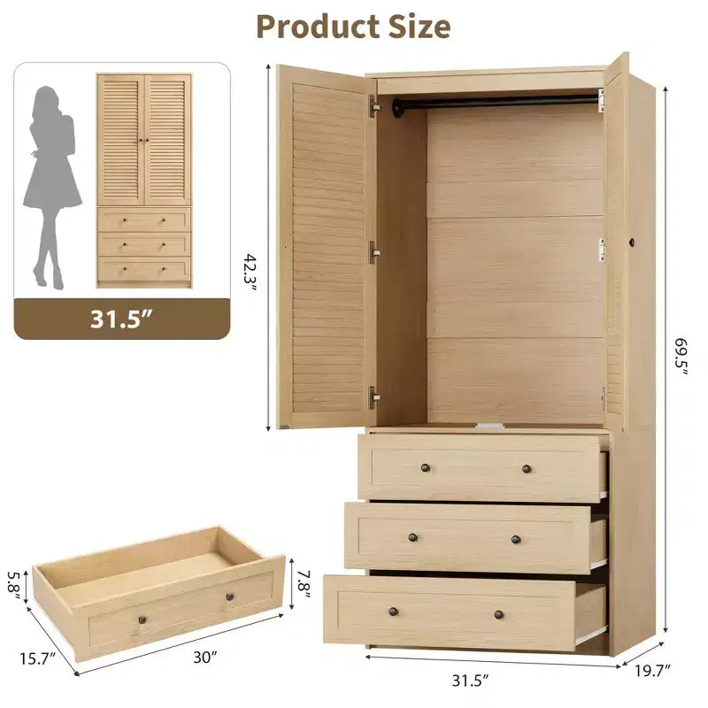 Armoire-penderie avec tiroirs, armoire en bois de 69.5 in avec tringle, placard de rangement à vêtements à 2 portes pour chambre