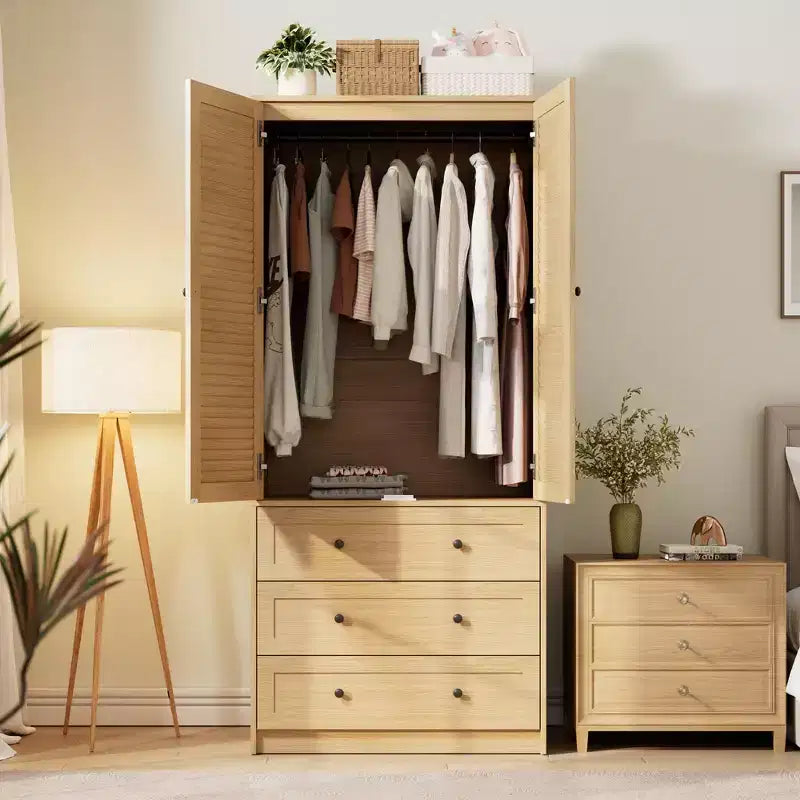 Armoire-penderie avec tiroirs, armoire en bois de 69.5 in avec tringle, placard de rangement à vêtements à 2 portes pour chambre