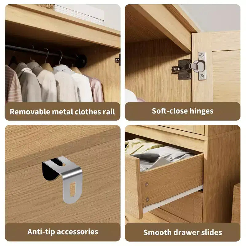 Armoire-penderie avec tiroirs, armoire en bois de 69.5 in avec tringle, placard de rangement à vêtements à 2 portes pour chambre