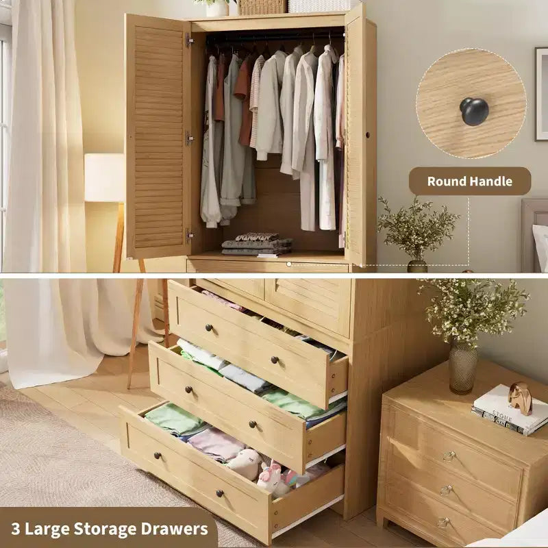 Armoire-penderie avec tiroirs, armoire en bois de 69.5 in avec tringle, placard de rangement à vêtements à 2 portes pour chambre