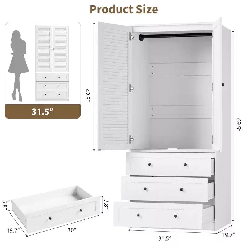Armoire-penderie avec tiroirs, armoire en bois de 69.5 in avec tringle, placard de rangement à vêtements à 2 portes pour chambre