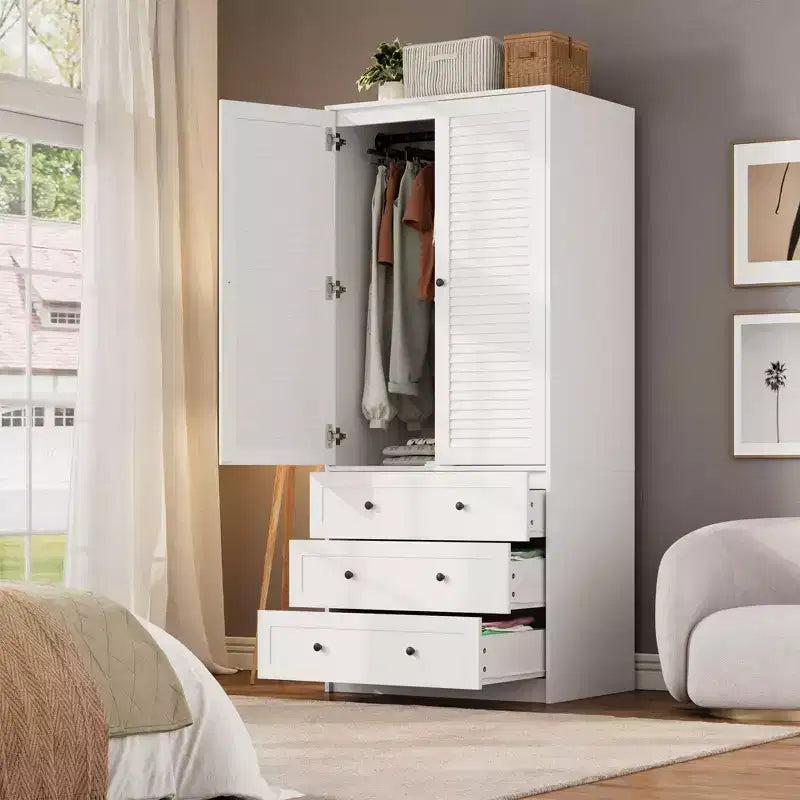 Armoire-penderie avec tiroirs, armoire en bois de 69.5 in avec tringle, placard de rangement à vêtements à 2 portes pour chambre
