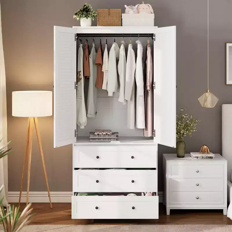 Armoire-penderie avec tiroirs, armoire en bois de 69.5 in avec tringle, placard de rangement à vêtements à 2 portes pour chambre