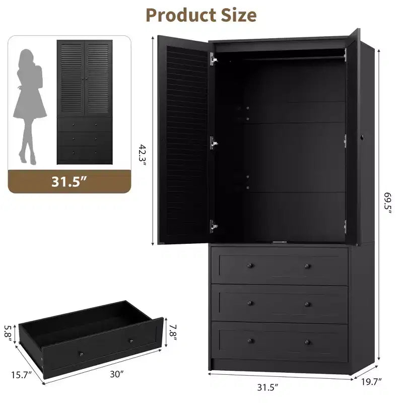 Armoire-penderie avec tiroirs, armoire en bois de 69.5 in avec tringle, placard de rangement à vêtements à 2 portes pour chambre