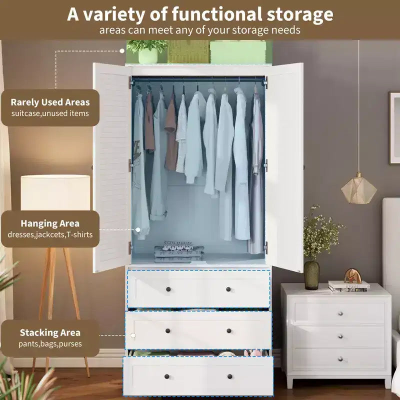 Armoire-penderie avec tiroirs, armoire en bois de 69.5 in avec tringle, placard de rangement à vêtements à 2 portes pour chambre