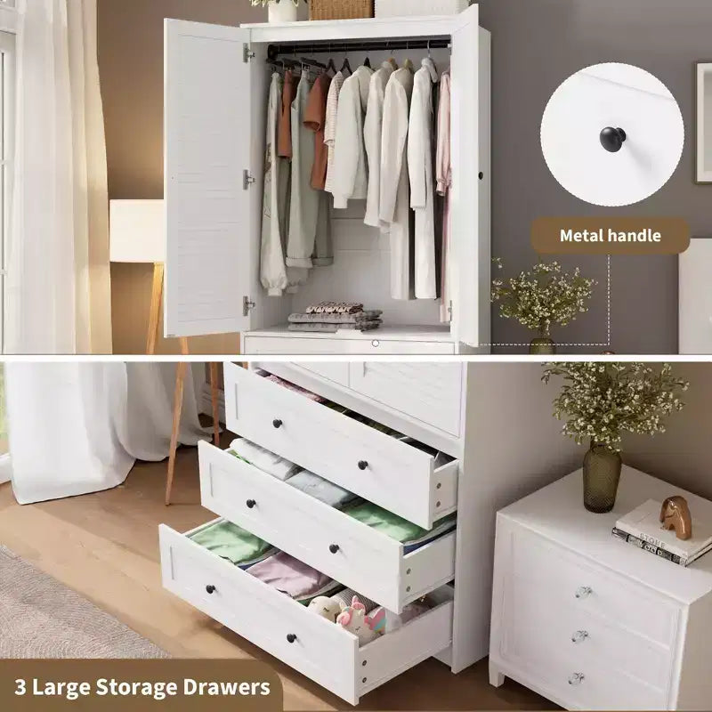 Armoire-penderie avec tiroirs, armoire en bois de 69.5 in avec tringle, placard de rangement à vêtements à 2 portes pour chambre