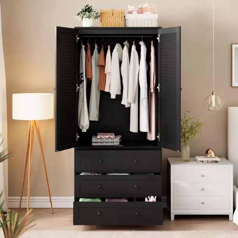 Armoire-penderie avec tiroirs, armoire en bois de 69.5 in avec tringle, placard de rangement à vêtements à 2 portes pour chambre