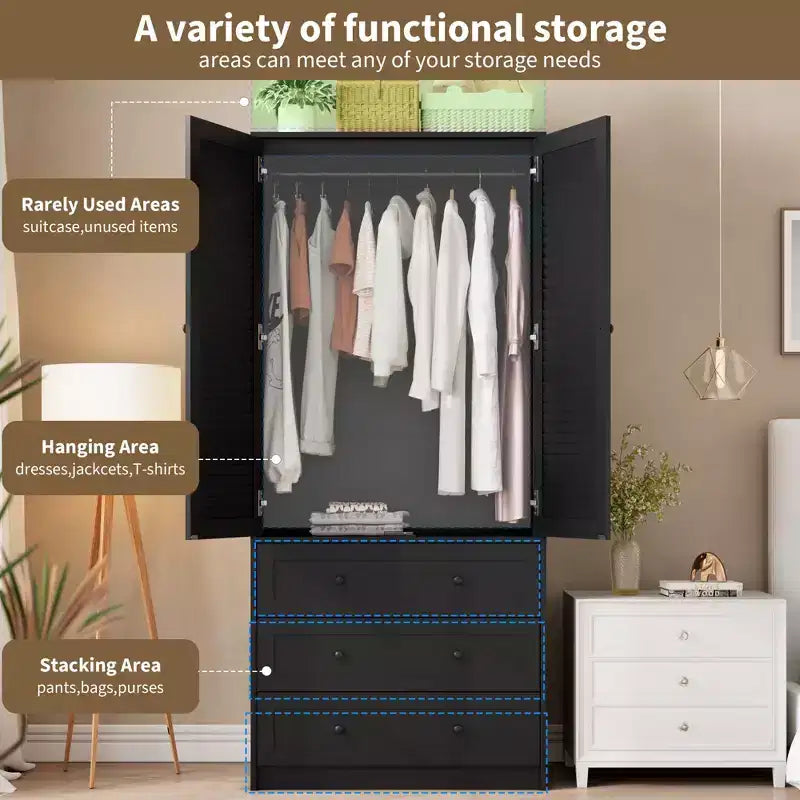 Armoire-penderie avec tiroirs, armoire en bois de 69.5 in avec tringle, placard de rangement à vêtements à 2 portes pour chambre