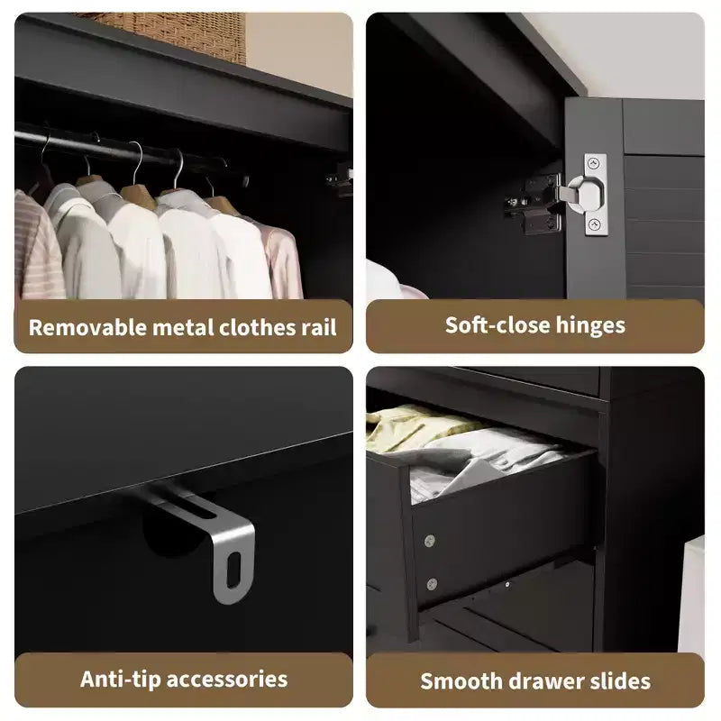 Armoire-penderie avec tiroirs, armoire en bois de 69.5 in avec tringle, placard de rangement à vêtements à 2 portes pour chambre