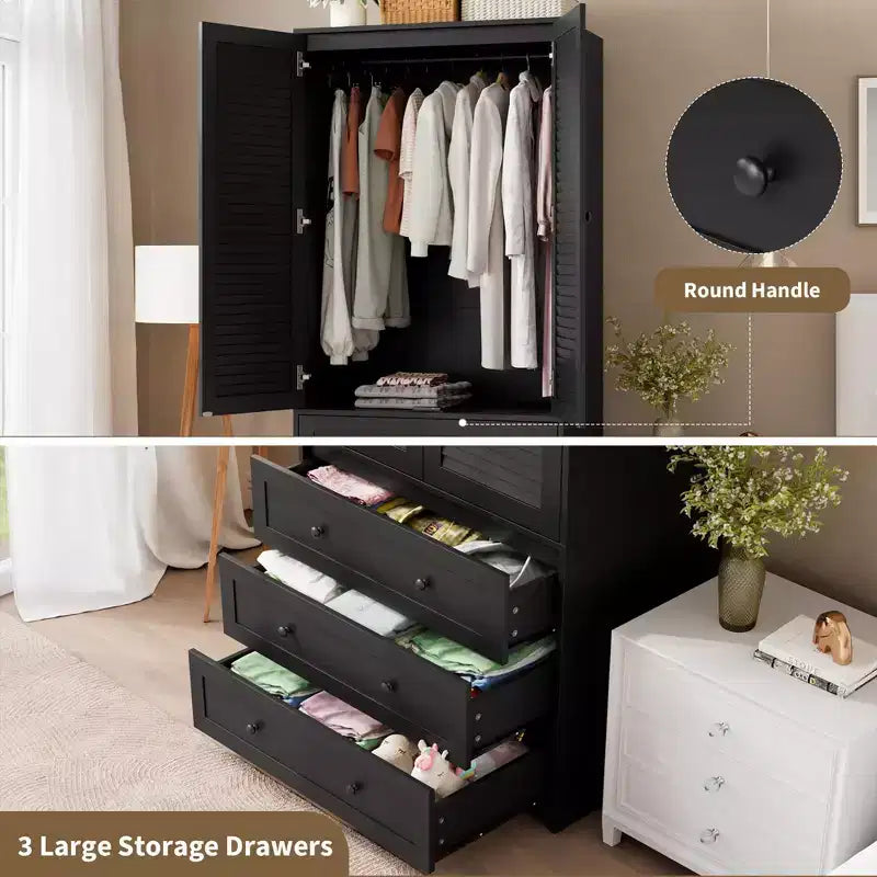Armoire-penderie avec tiroirs, armoire en bois de 69.5 in avec tringle, placard de rangement à vêtements à 2 portes pour chambre