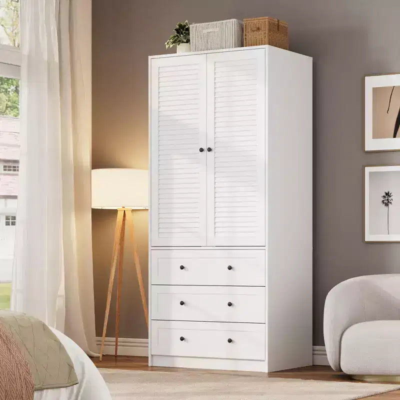 Armoire-penderie avec tiroirs, armoire en bois de 69.5 in avec tringle, placard de rangement à vêtements à 2 portes pour chambre