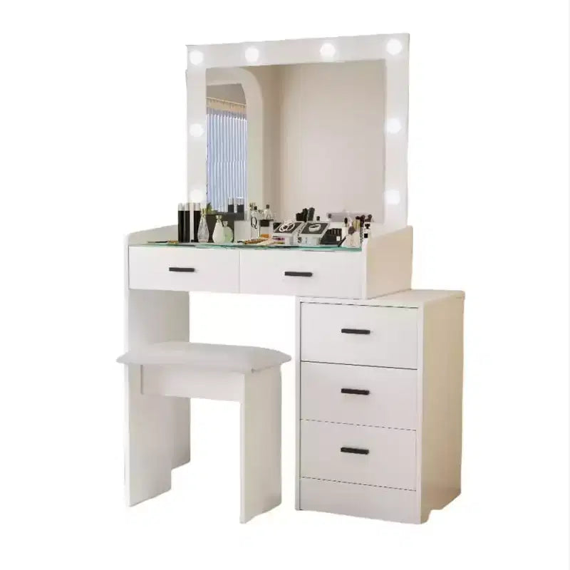 Coiffeuse avec miroir coulissant et 3 modes d’éclairage, bureau de maquillage avec tabouret et 5 tiroirs pour chambre