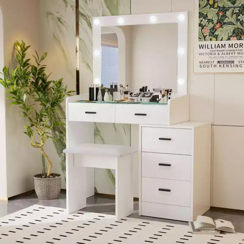 Coiffeuse avec miroir coulissant et 3 modes d’éclairage, bureau de maquillage avec tabouret et 5 tiroirs pour chambre