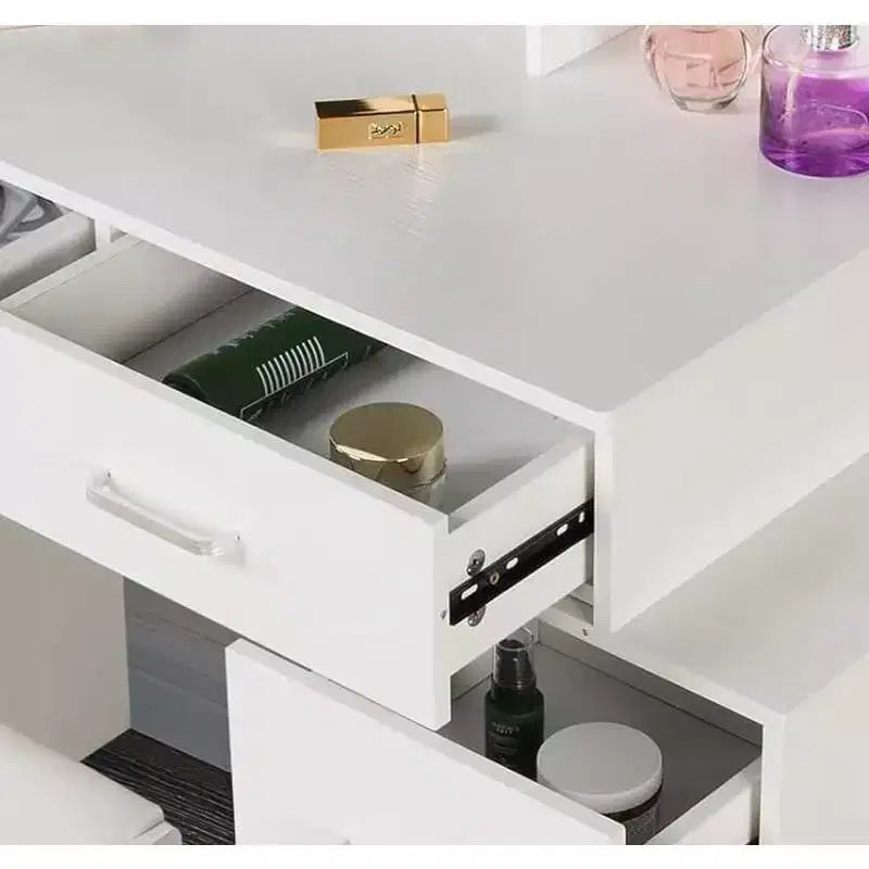 Coiffeuse avec miroir coulissant et 3 modes d’éclairage, bureau de maquillage avec tabouret et 5 tiroirs pour chambre