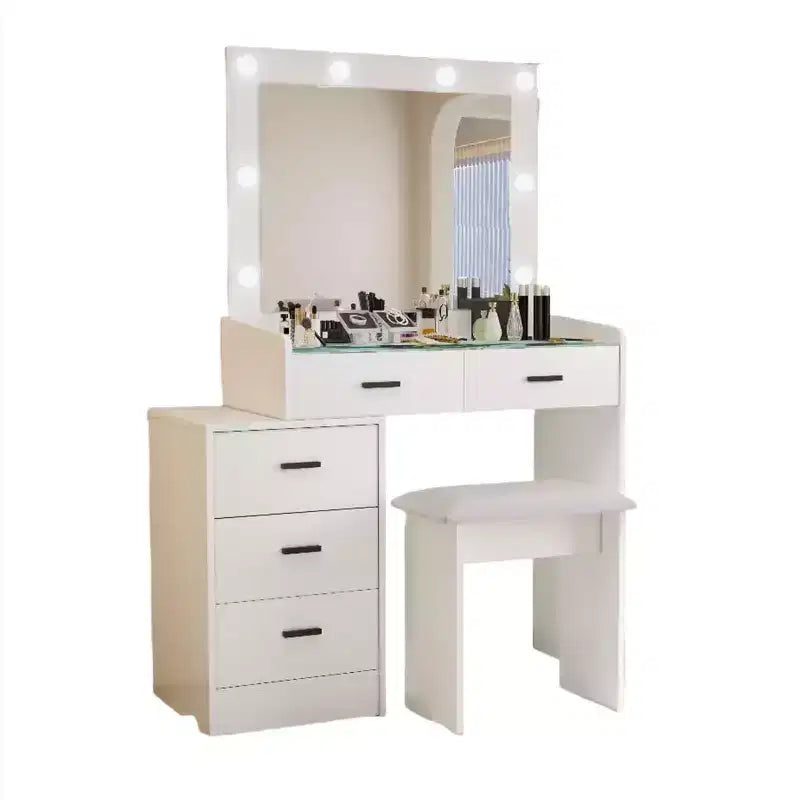 Coiffeuse avec miroir coulissant et 3 modes d’éclairage, bureau de maquillage avec tabouret et 5 tiroirs pour chambre