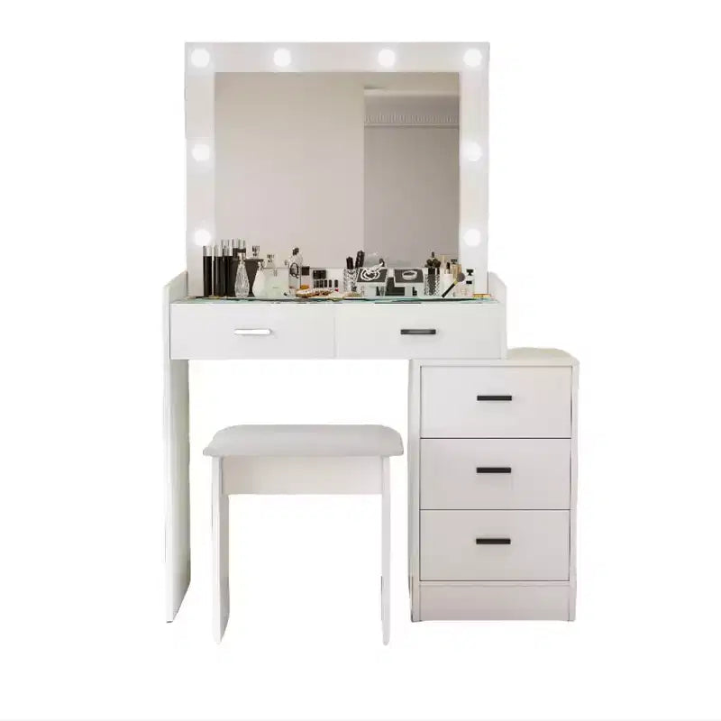 Coiffeuse avec miroir coulissant et 3 modes d’éclairage, bureau de maquillage avec tabouret et 5 tiroirs pour chambre