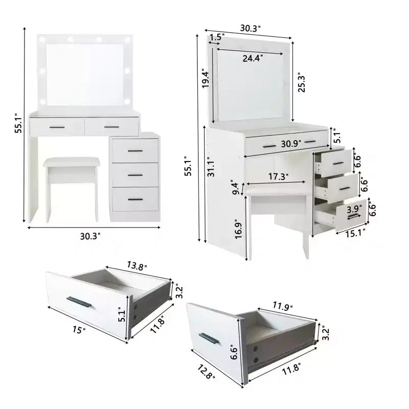 Coiffeuse avec miroir coulissant et 3 modes d’éclairage, bureau de maquillage avec tabouret et 5 tiroirs pour chambre