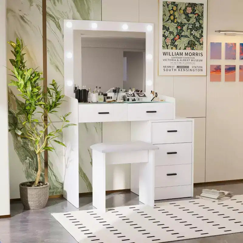 Coiffeuse avec miroir coulissant et 3 modes d’éclairage, bureau de maquillage avec tabouret et 5 tiroirs pour chambre